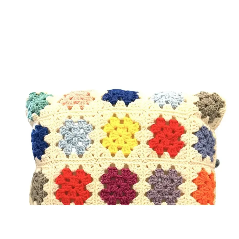 Vintage Granny Square Crochet Throw Pillow Floral Multi Colors Grannycore 16”